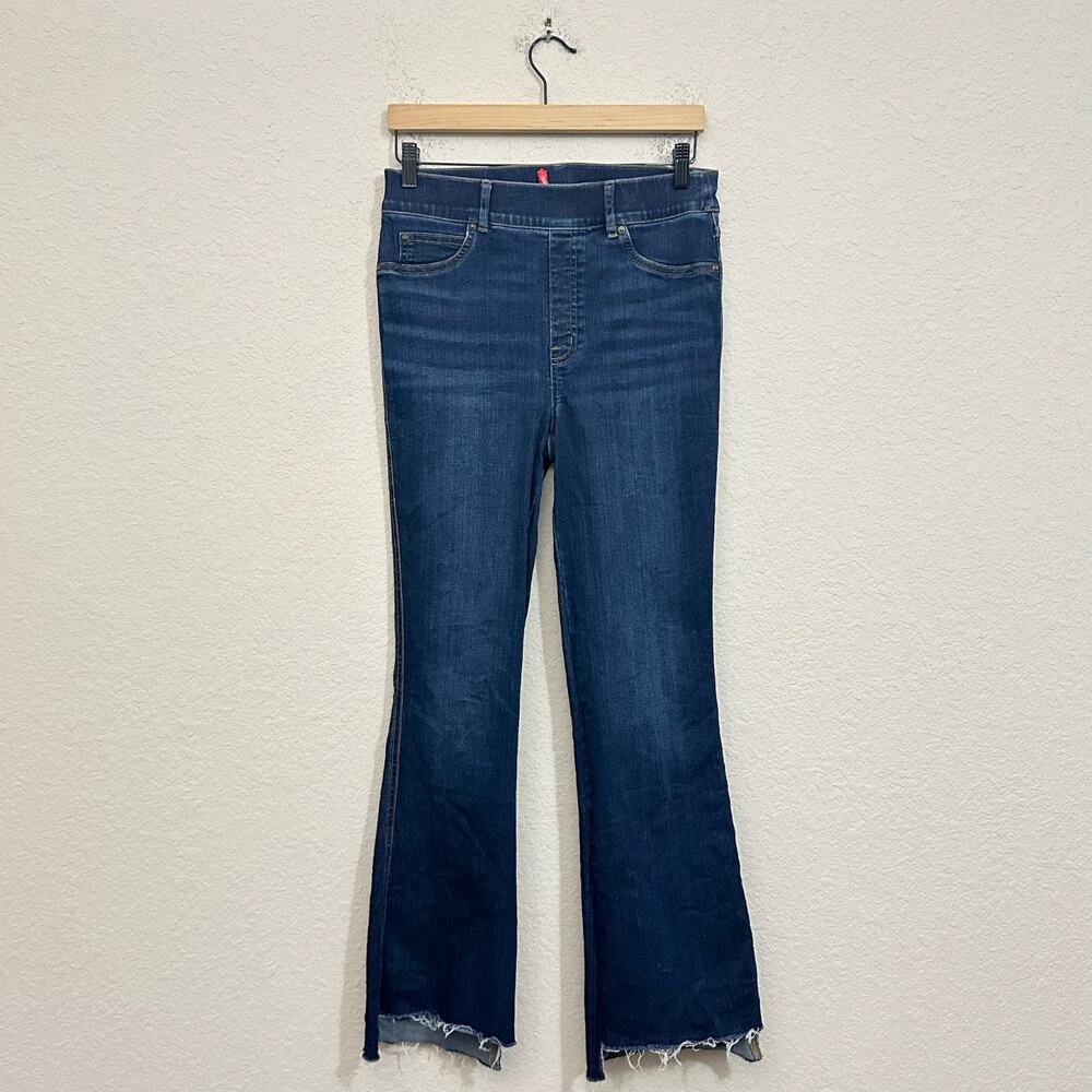 SPANX Flare Jeans Blue Midnight Shade Denim Pull On High Rise Frayed